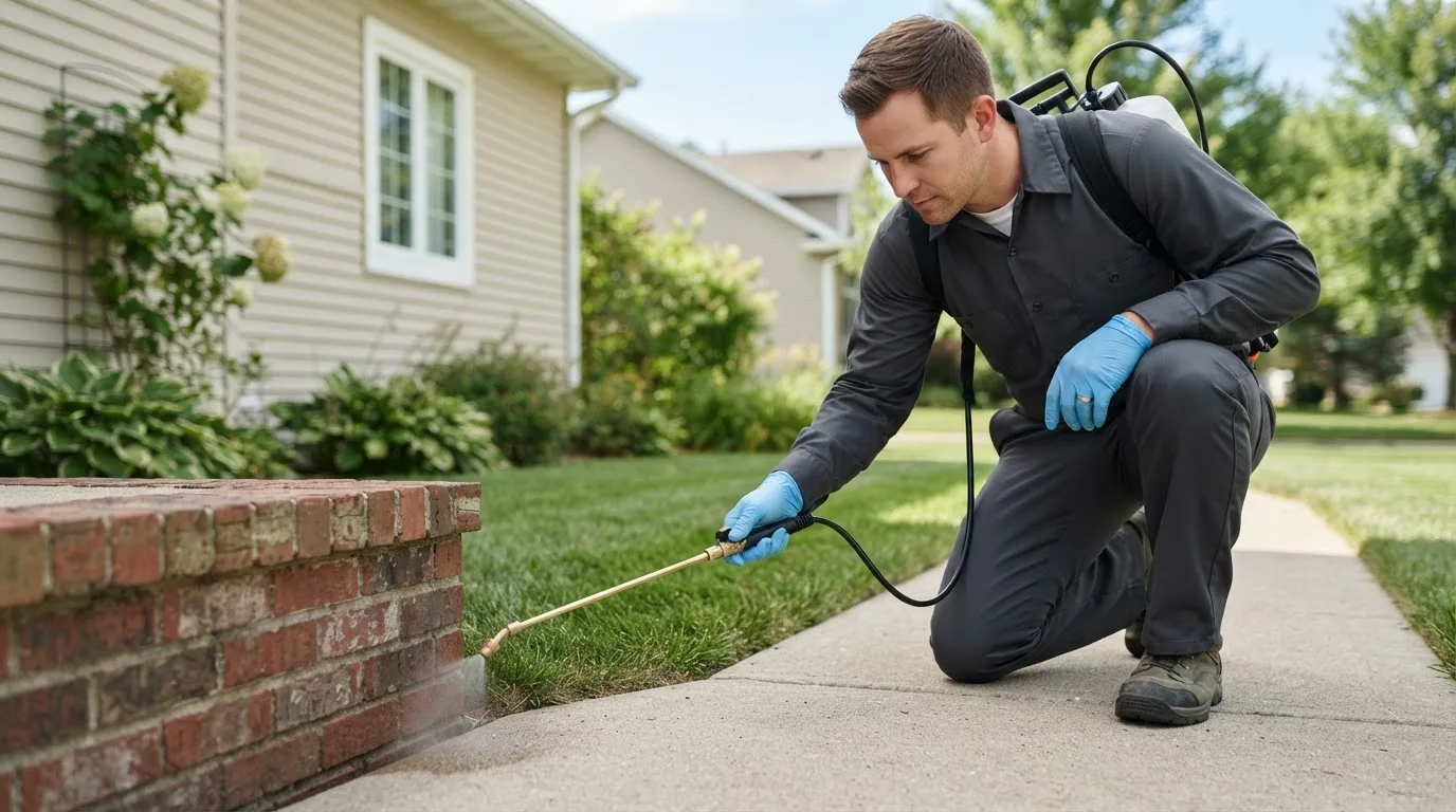 Pest control technician treating a home near High Point, NC